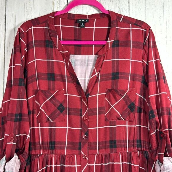 Torrid Red Plaid Button Front Shirt Dress Size 2X Casual Grunge Cozy Plus - Picture 2 of 15